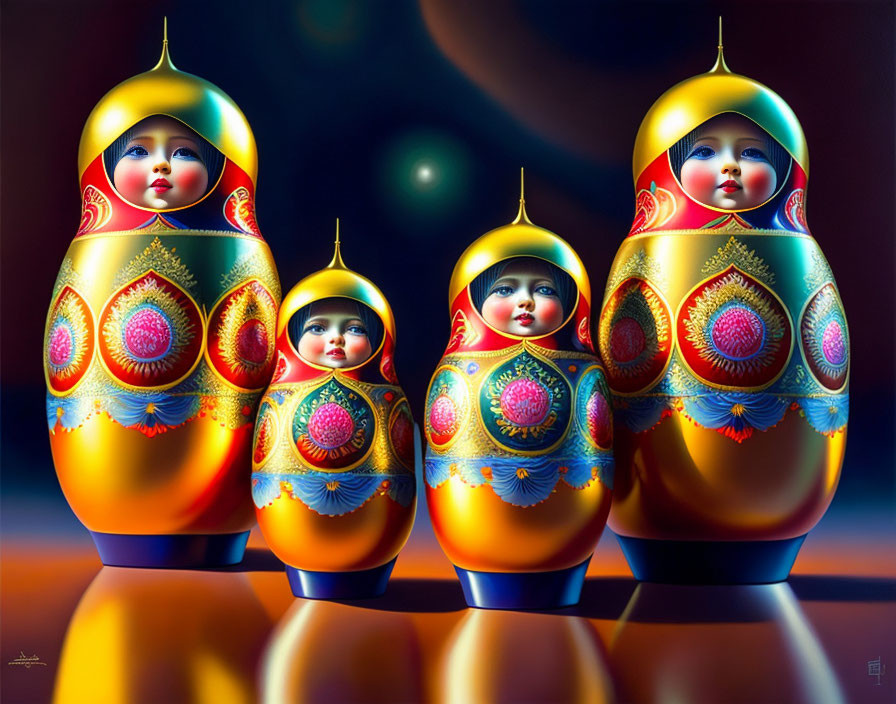 Traditional Russian Matryoshka Dolls in Ascending Size Order with Floral Patterns on Reflective Surface