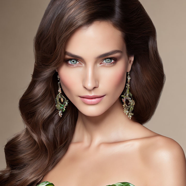 Portrait of a woman with voluminous brown hair and striking green eyes