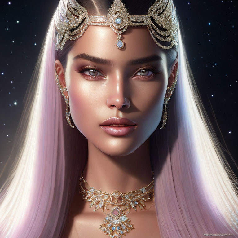 Digital artwork: Woman in ornate headpiece & jewelry on starry night.