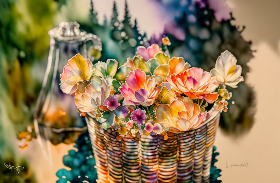 Vibrant flowers in ribbed vase with blurred background and silver pitcher