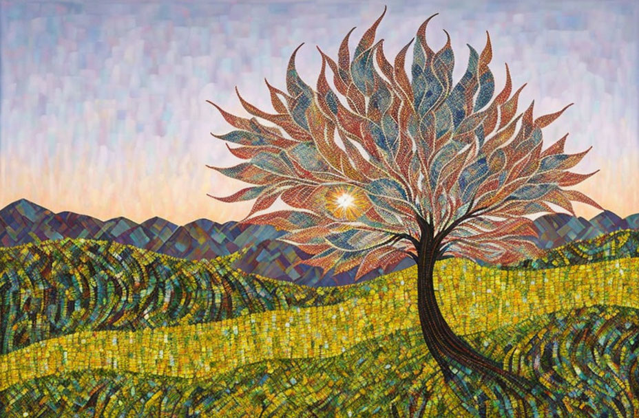 Colorful mosaic artwork of a tree against rolling hills and vibrant sky