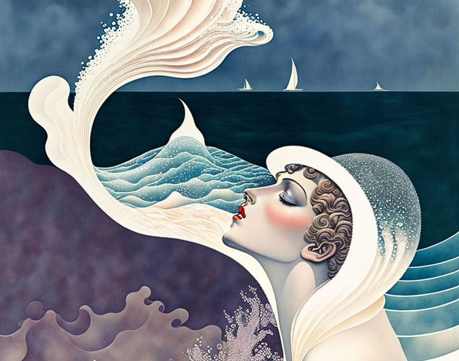 Art Deco woman merges with ocean waves in serene setting