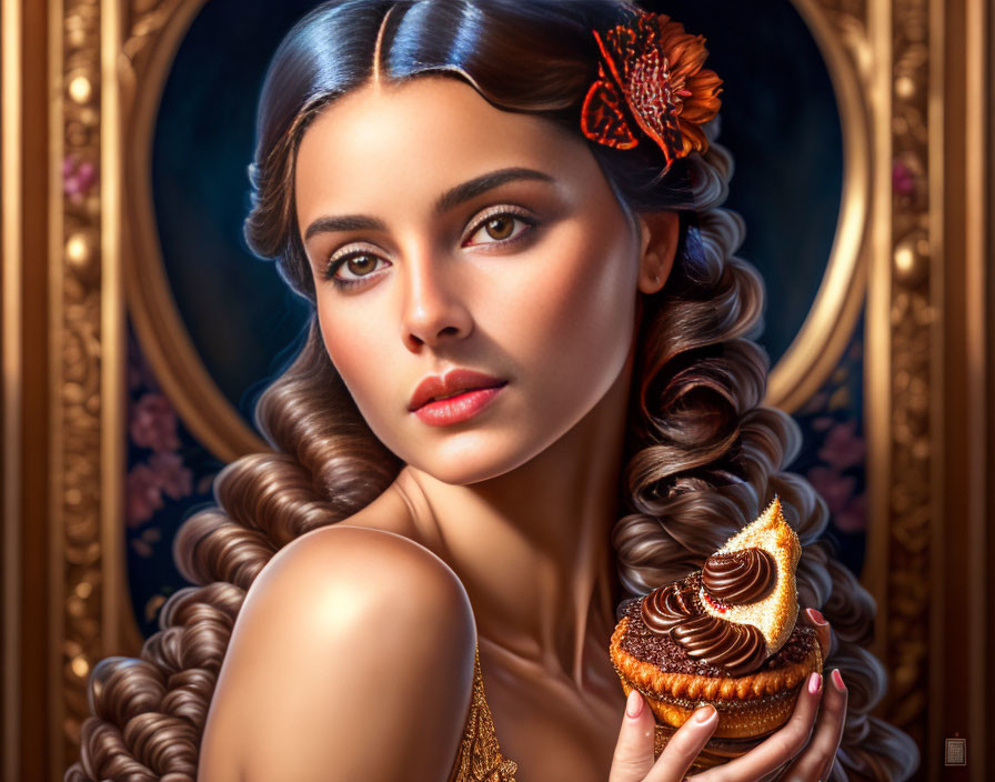 Elaborate Braided Hair Woman with Butterfly Hair Accessory and Pastry in Vintage Mirror