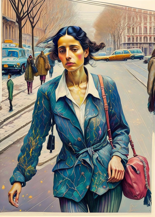 Digitally painted woman in vintage city scene with blue jacket and red bag