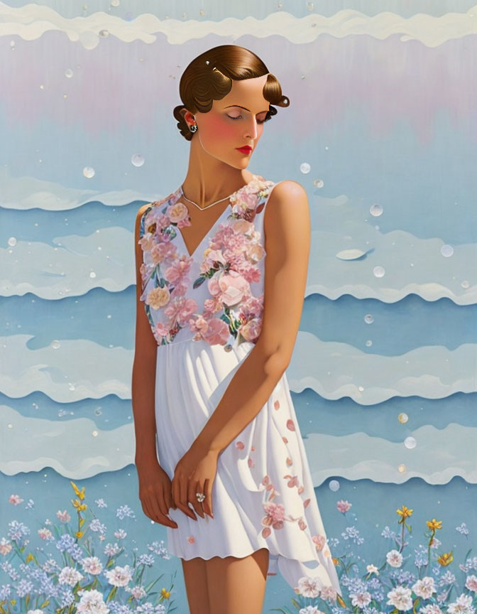 Illustration of woman with stylized hair in floral dress against serene vintage backdrop