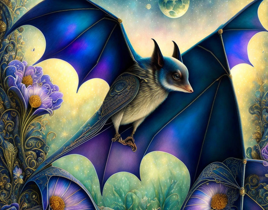 Vibrant blue-winged bat in starry sky with moons and glowing flora