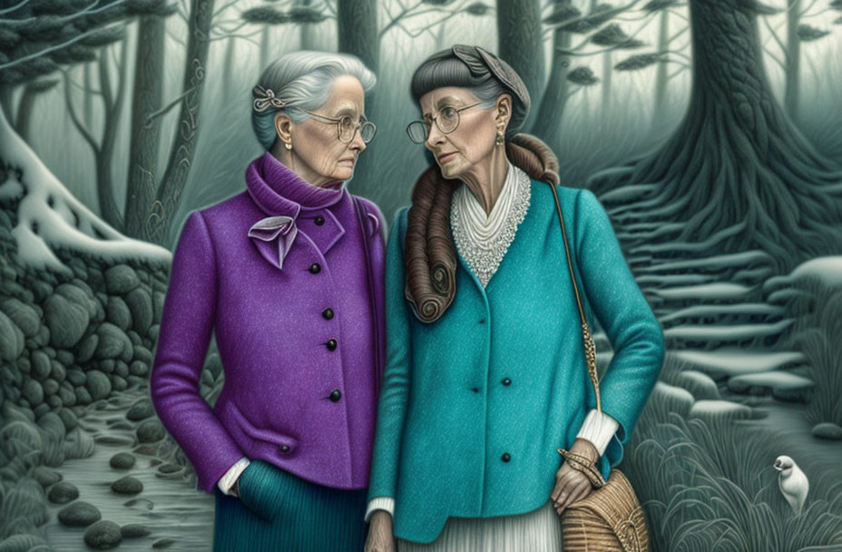 Elderly women in glasses in misty enchanted forest