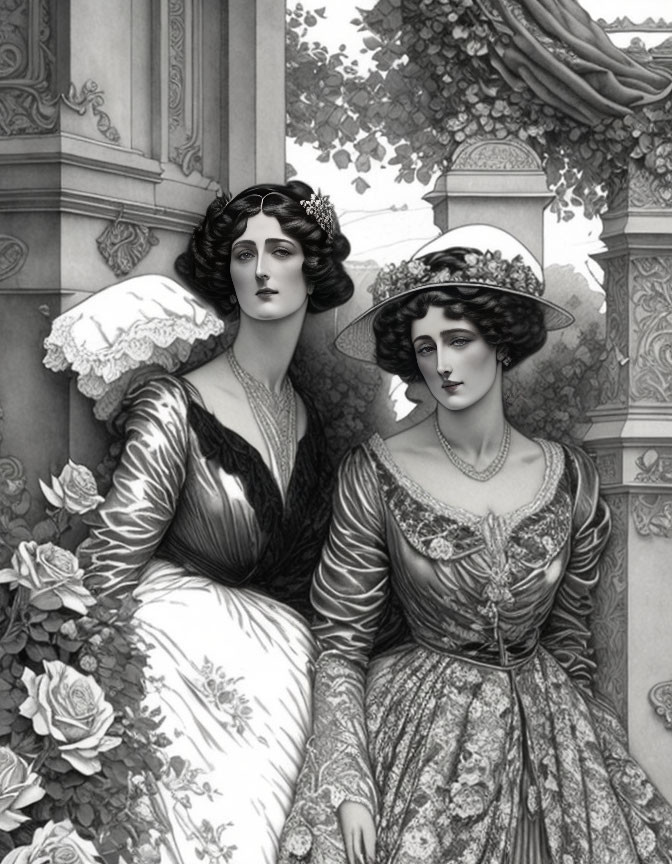 Vintage dresses and elegant hats worn by two women in an intricate illustration with classical columns and roses.