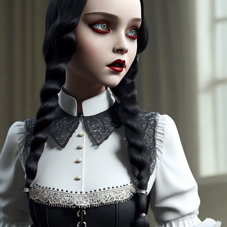 Gothic-style animated doll in black and white Victorian attire with red eyes