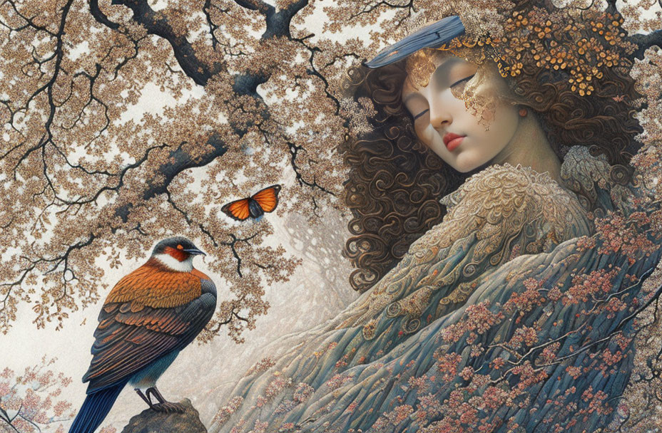 Detailed surreal artwork: bird, butterfly, woman's face with floral elements, blossoming tree