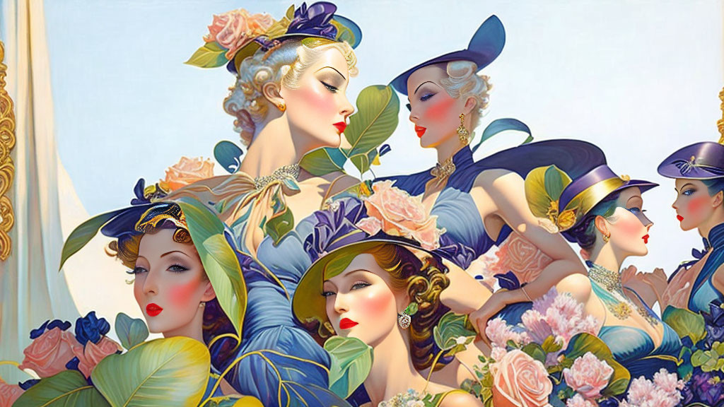 Vintage Style Artwork Featuring Elegant Women in Blue Hats and Flowers