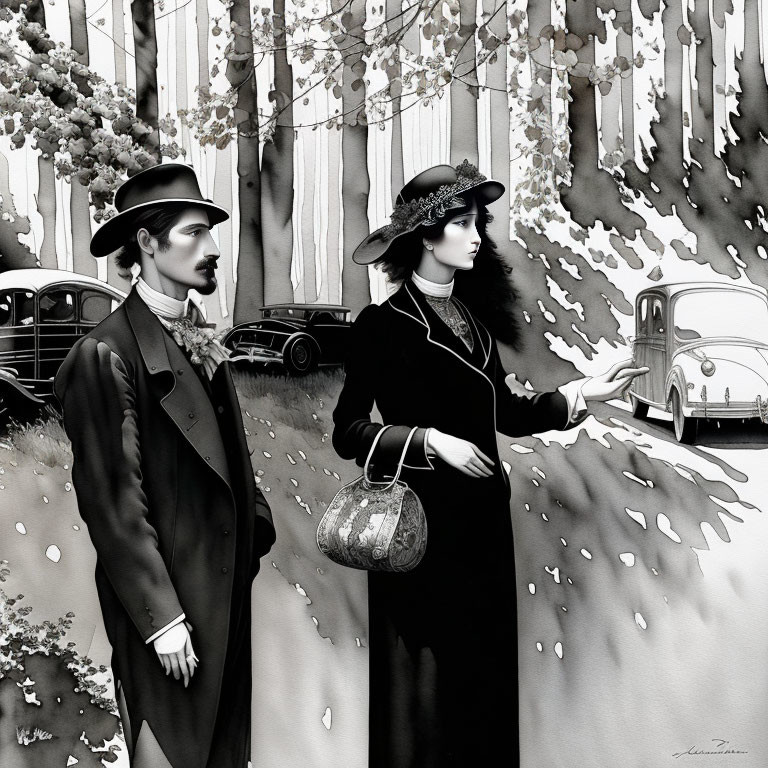 Monochrome illustration of elegantly dressed couple on vintage street