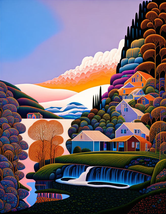 Colorful Lakeside Sunset Painting with Trees, Houses, and Hills