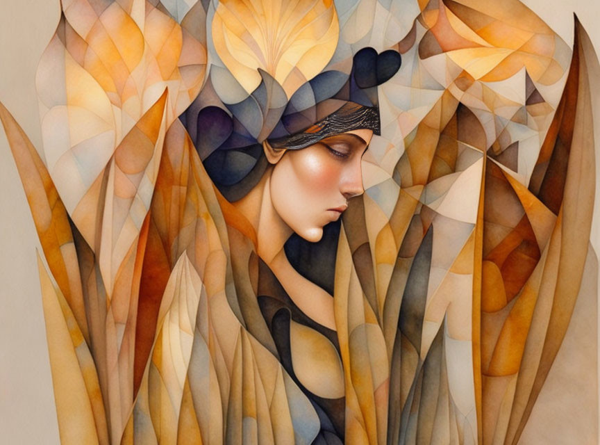 Stylized female figure with leaf-like headdress in warm colors