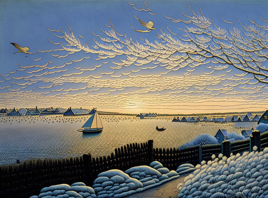 Surreal sunset painting with boats, birds, and trees