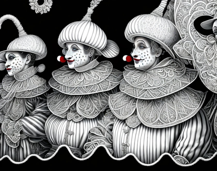 Detailed Black and White Jesters in Elizabethan Costumes