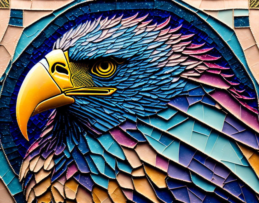 Colorful Mosaic of Eagle's Head in Blue, Purple, and Yellow