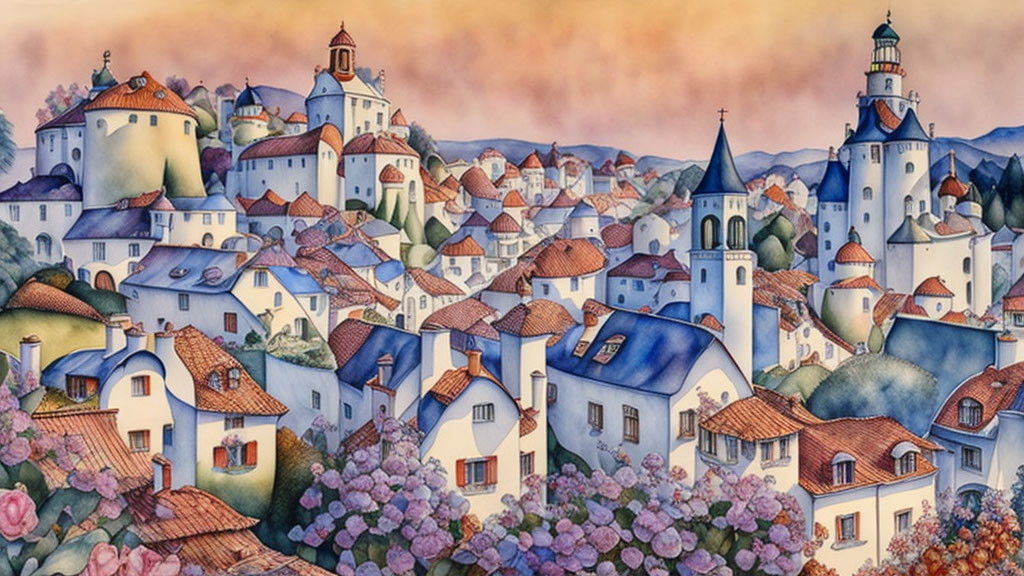 Vibrant painting of a village with houses, towers, and churches in rolling hills