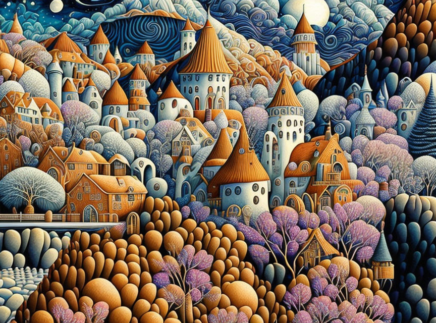 Whimsical fairytale village painting with orange-roofed houses, turrets, rolling hills