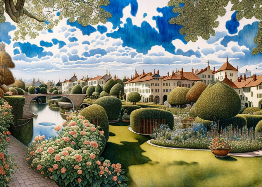 Whimsical painting of topiary gardens by a peaceful river