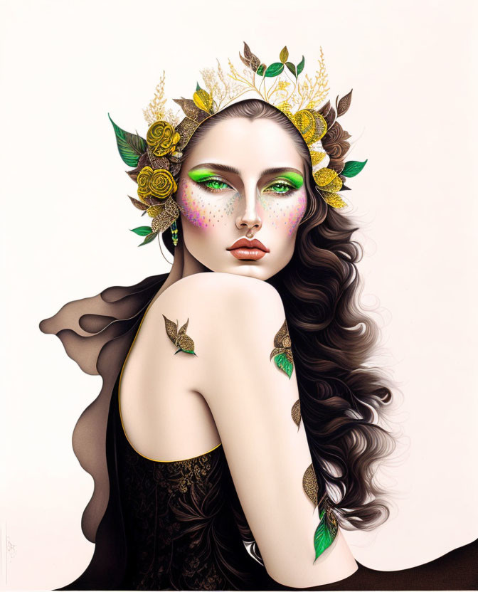 Illustrated woman with floral crown and moths on shoulder against light background