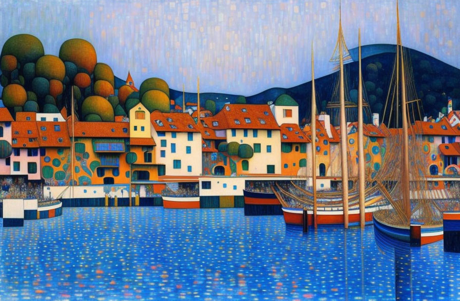 Vibrant seaside town painting with sailboat, patterned buildings, and rolling hills