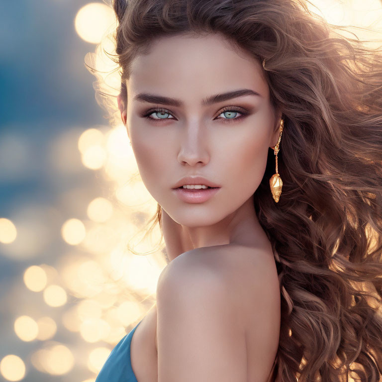 Portrait of woman with blue eyes, wavy hair, and earring on bokeh background