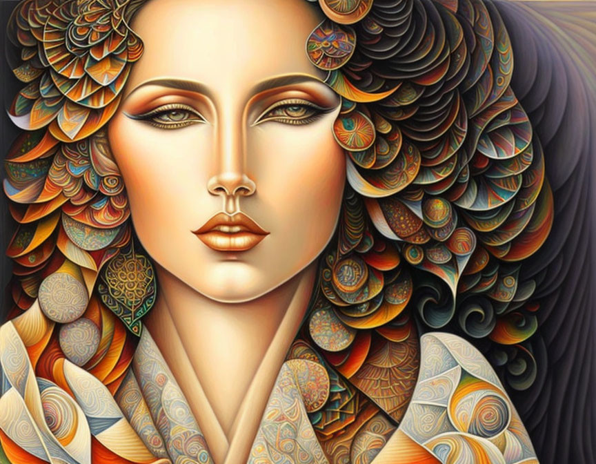 Colorful Stylized Portrait of Woman with Ornate Hair Patterns