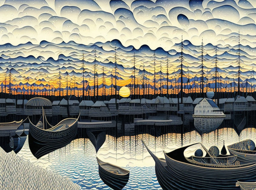 Stylized landscape with layered hills, setting sun, traditional structures, boats, and patterned sky