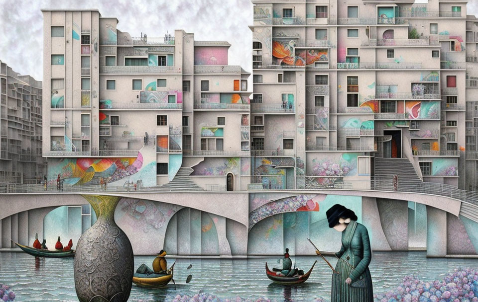 Surreal urban landscape with people in boats and colorful fish in the air