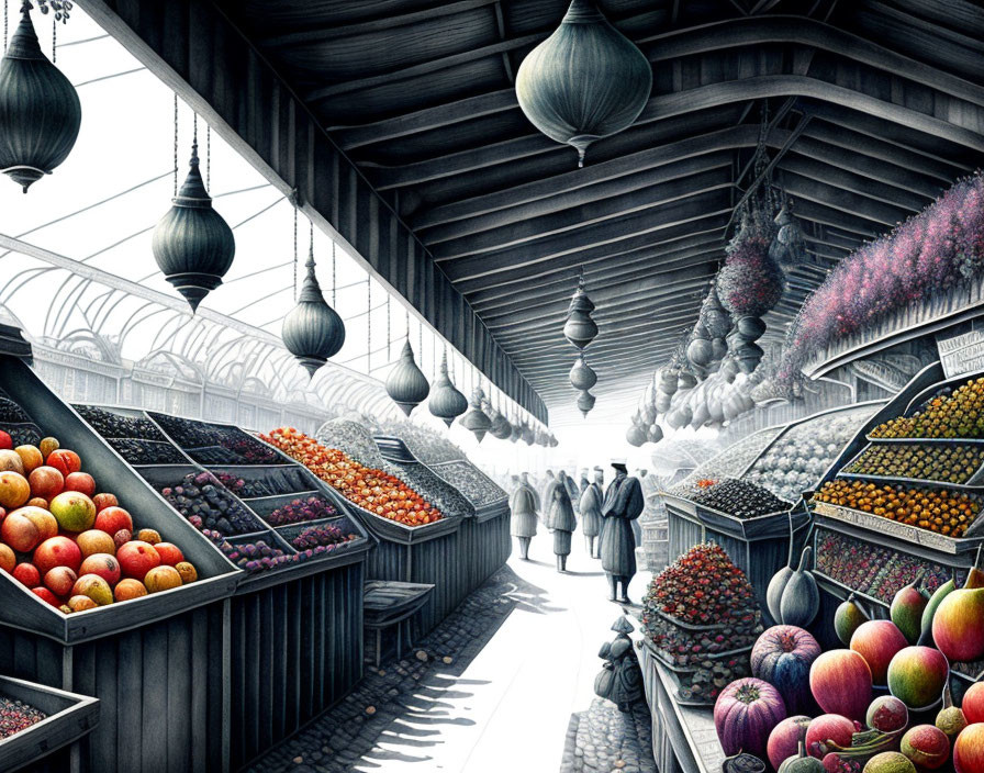 Detailed Drawing: Market Scene with Fruit Stalls, Shoppers, and Lanterns