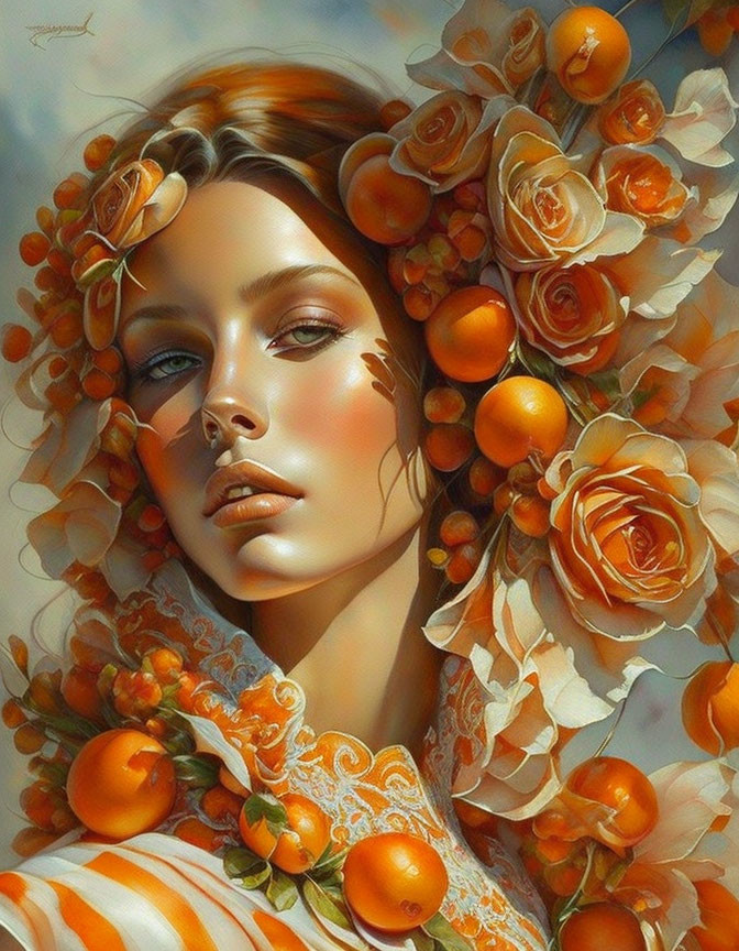 Portrait of Woman with Orange Rose and Fruit Wreath