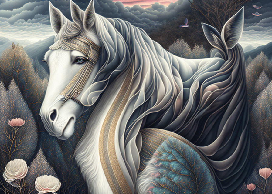 White Horse Artwork with Ornate Details and Flowing Mane in Whimsical Setting