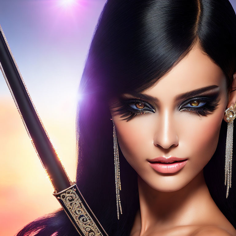 Woman with dramatic makeup and sword against sunset backdrop