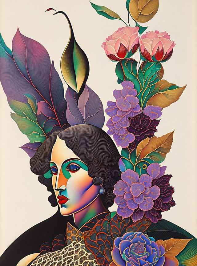 Vivid floral and feather motif in stylized portrait