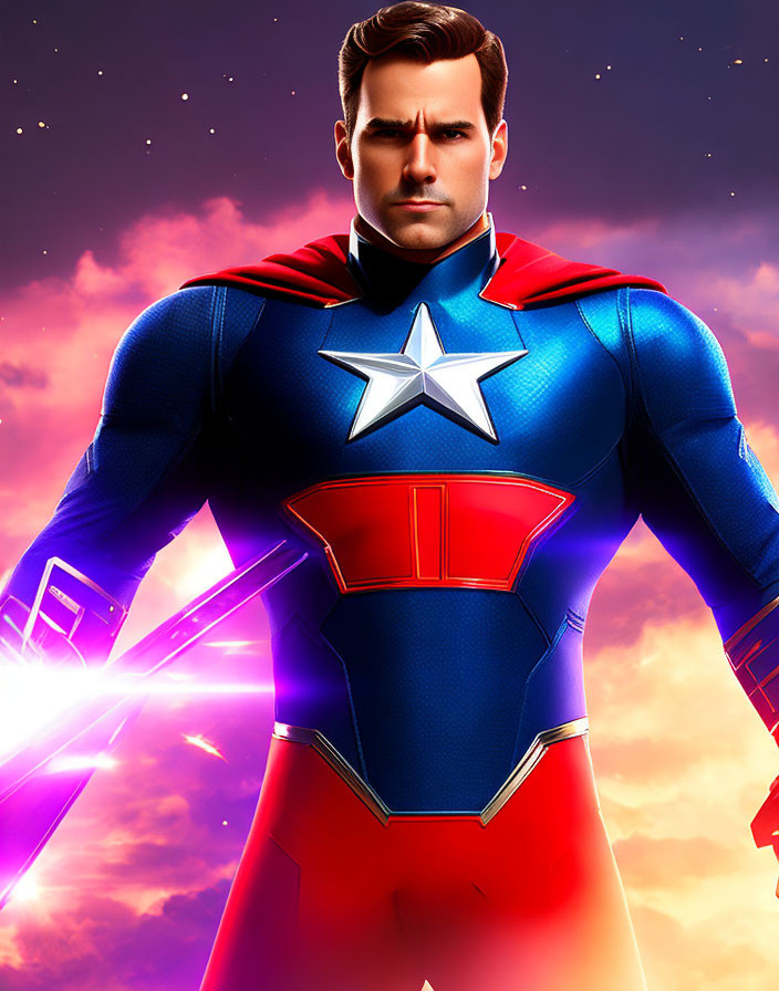 Animated superhero in blue and red suit with star emblem, cape, in cosmic setting