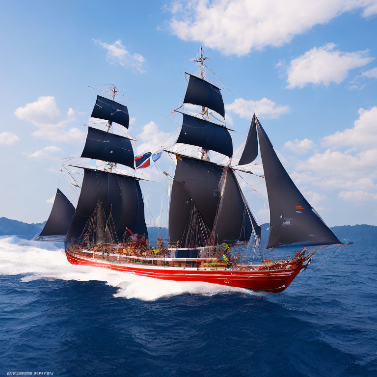 Tall ship with multiple sails cruising on the open sea