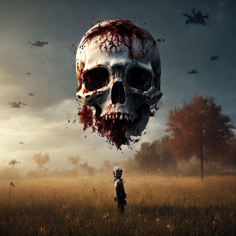 Giant bloodstained skull over lone figure in field at dusk with flying crows & helicopters