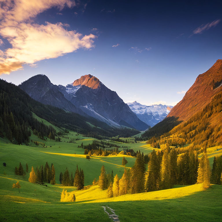 Scenic sunset valley with winding trail and mountains in golden light