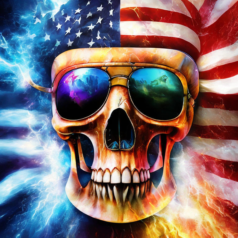 Skull with Aviator Sunglasses and American Flag Background