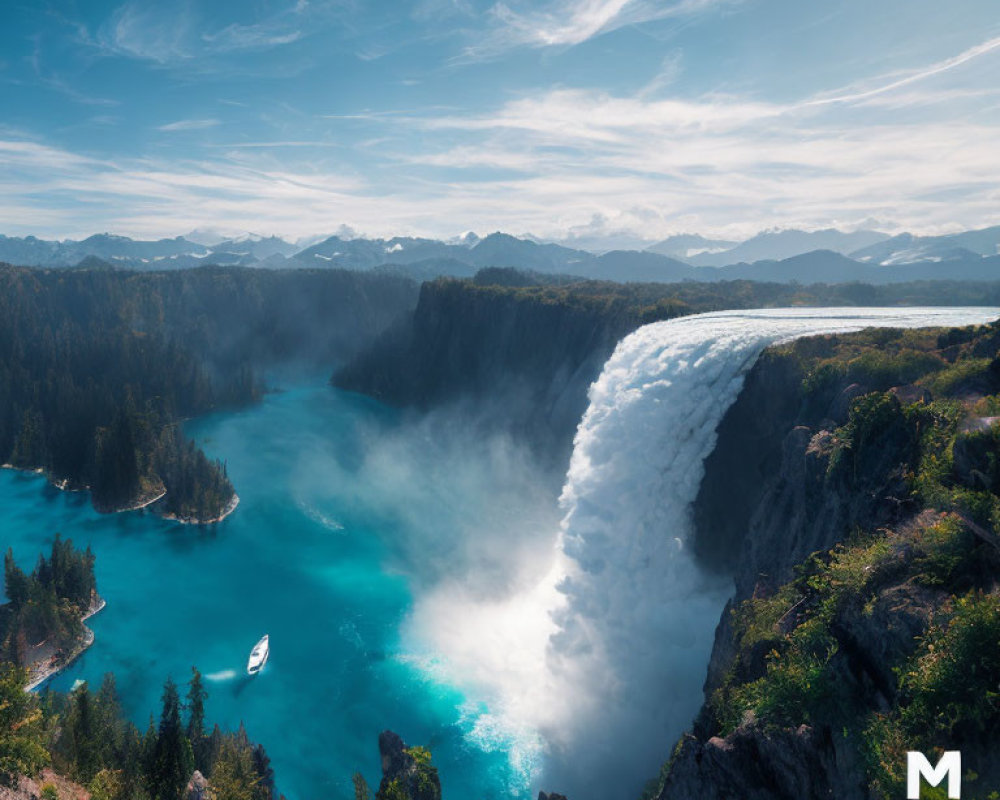 Scenic waterfall cascading into tranquil blue lake with boat, forested cliffs, and cloudy sky