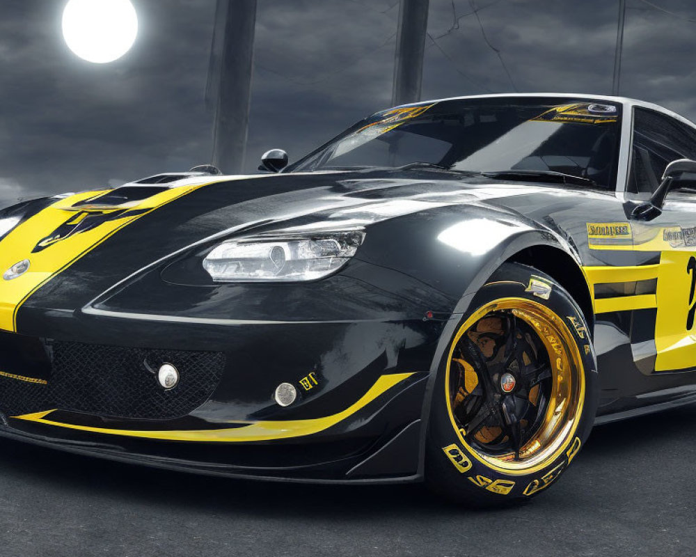 Custom Black Sports Car with Yellow Stripes and Racing Decals Under Dramatic Sky