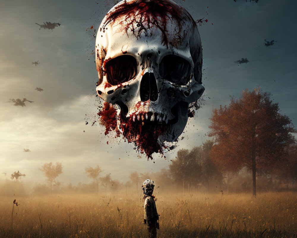 Giant bloodstained skull over lone figure in field at dusk with flying crows & helicopters