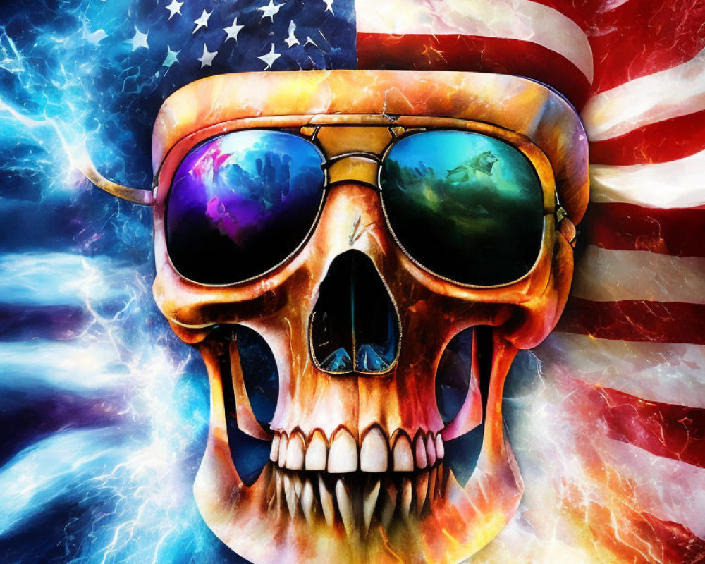 Skull with Aviator Sunglasses and American Flag Background