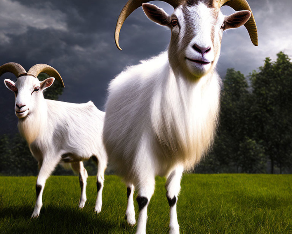 Two goats in a field under a stormy sky, one white with prominent horns.