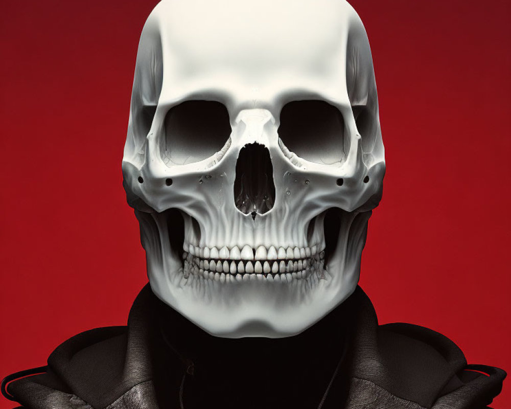 Realistic skull mask on person against red background