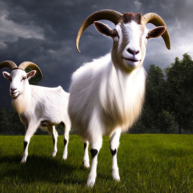 Two goats in a field under a stormy sky, one white with prominent horns.