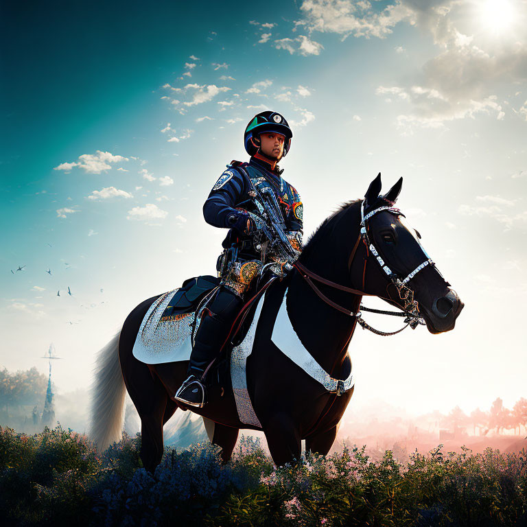 Black Horse Rider Silhouetted Against Hazy Sky with Birds in Flight