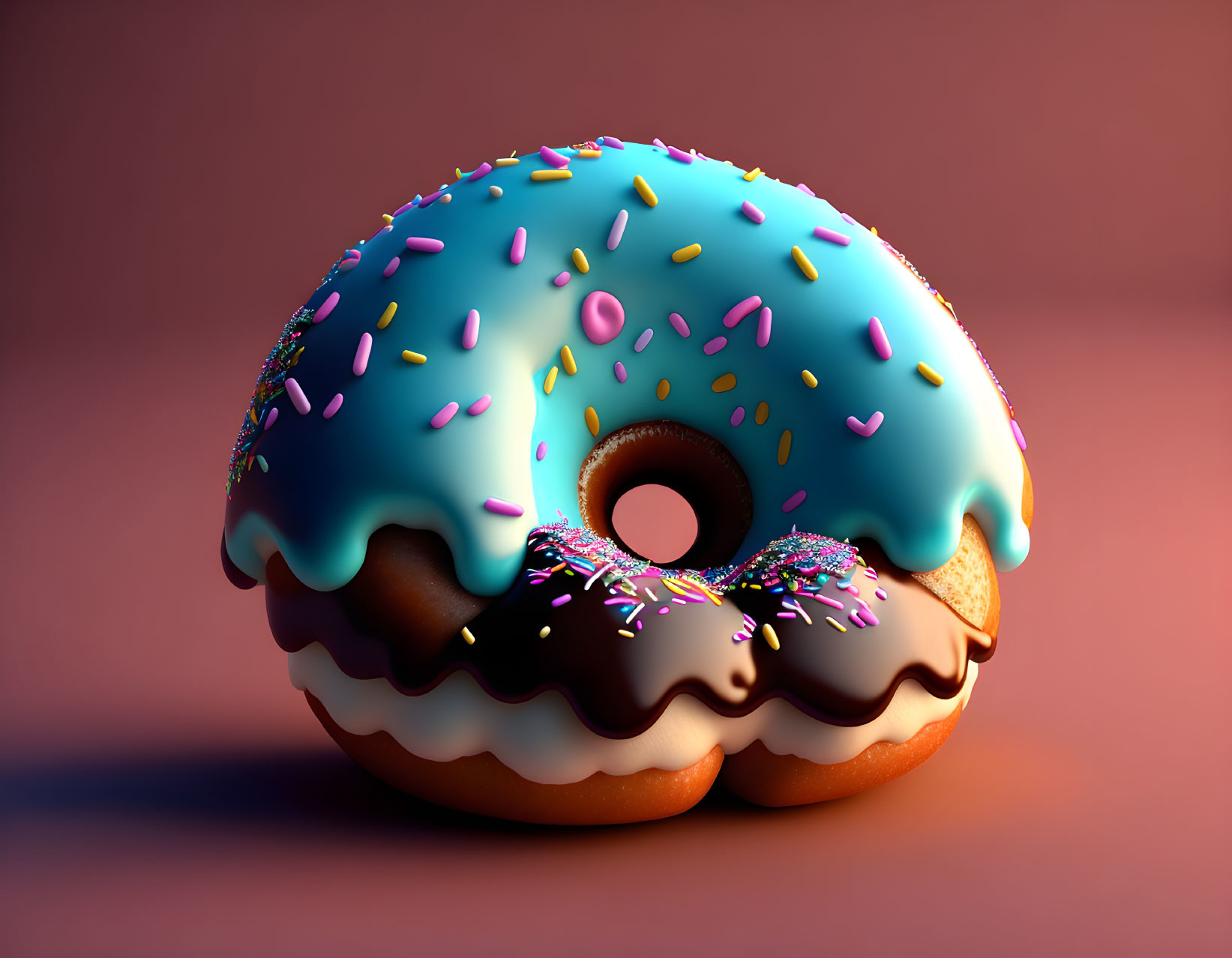 Stylized 3D Illustration of Cyan Iced Donut with Chocolate Glaze