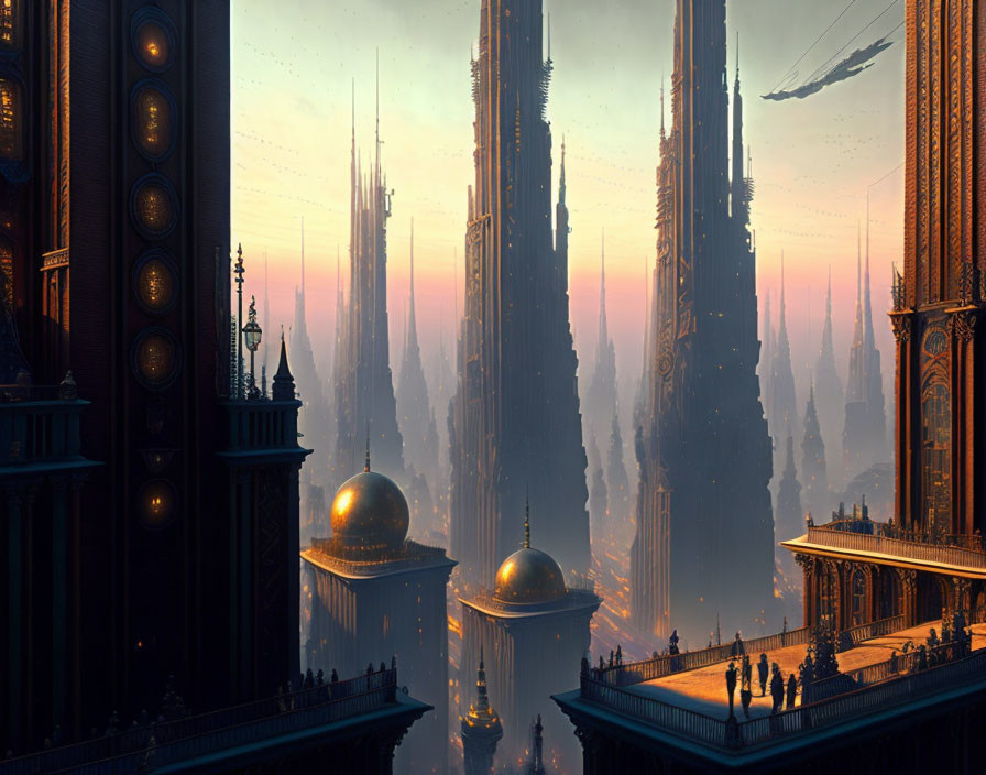 Futuristic cityscape with towering spires and flying vehicles at sunset